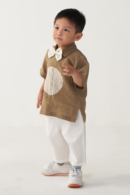Three Beige Linen, Poplin Embroidery, Applique Sand Shirt And White Pant Set Online at Aza Fashions Three_Beige Linen, Poplin Embroidery, Applique Sand Shirt And White Pant Set _Online_at_Aza_Fashions