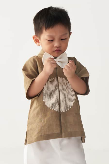 Shop Three Beige Linen, Poplin Embroidery, Applique Sand Shirt And White Pant Set Online at Aza Fashions Shop_Three_Beige Linen, Poplin Embroidery, Applique Sand Shirt And White Pant Set _Online_at_Aza_Fashions