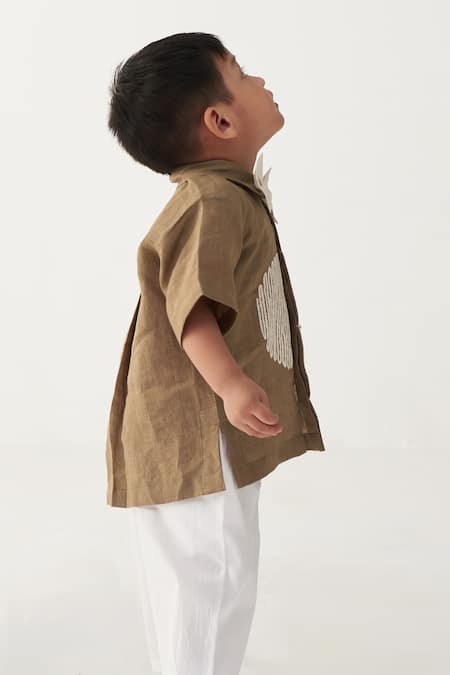Three Beige Linen, Poplin Embroidery, Applique Sand Shirt And White Pant Set at Aza Fashions Three_Beige Linen, Poplin Embroidery, Applique Sand Shirt And White Pant Set _at_Aza_Fashions