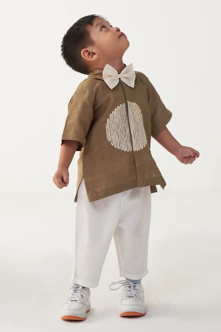 Buy Three Beige Linen, Poplin Embroidery, Applique Sand Shirt And White Pant Set Buy_Three_Beige Linen, Poplin Embroidery, Applique Sand Shirt And White Pant Set