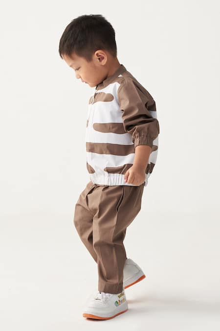 Buy_Three_Brown Poplin Abstract Bomber Jacket _Online_at_Aza_Fashions