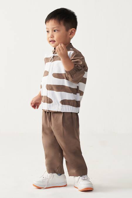 Shop_Three_Brown Poplin Abstract Bomber Jacket _Online_at_Aza_Fashions