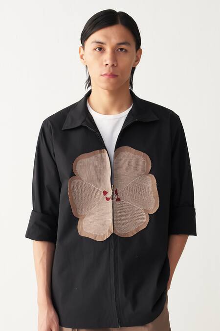 Three_Black Cotton, Poplin Embroidery Floral Patch Shacket And Front Pleat Pant _at_Aza_Fashions