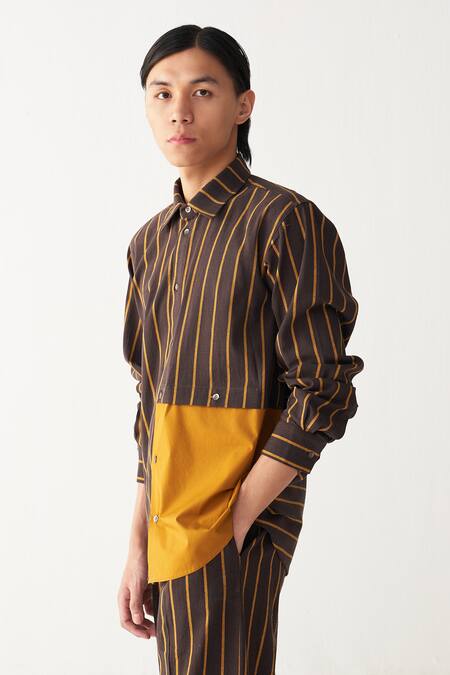 Three_Charcoal , Handloom Brown And Mustard Stripe Shirt Pant Set_Online_at_Aza_Fashions