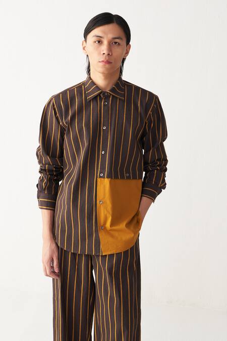 Shop_Three_Charcoal , Handloom Brown And Mustard Stripe Shirt Pant Set_Online_at_Aza_Fashions