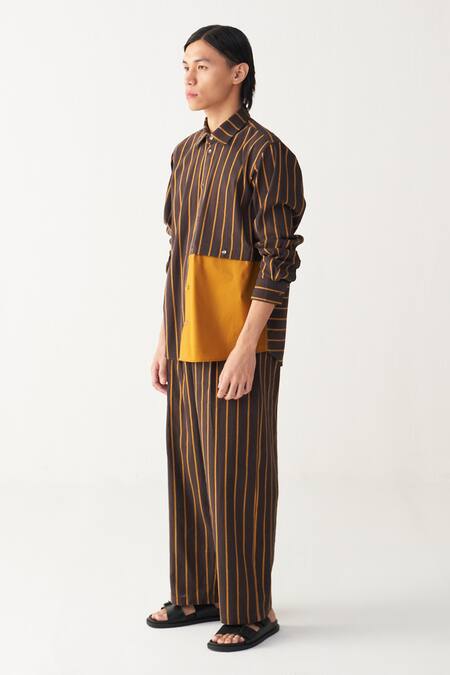 Three_Charcoal , Handloom Brown And Mustard Stripe Shirt Pant Set_at_Aza_Fashions