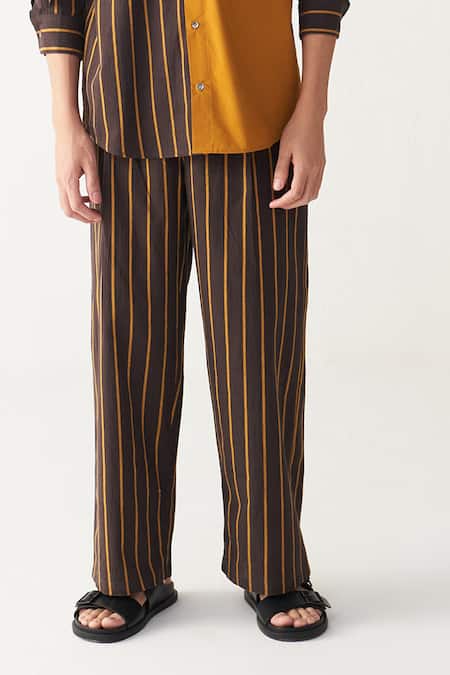 Buy_Three_Charcoal , Handloom Brown And Mustard Stripe Shirt Pant Set