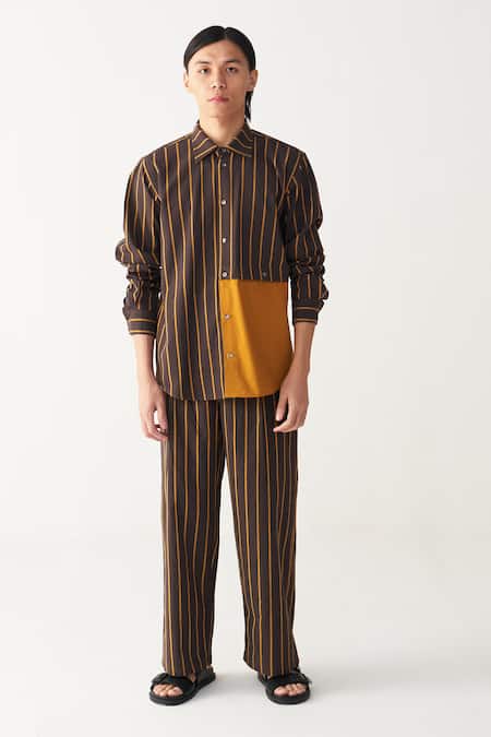 THREE Charcoal Brown & Mustard Stripe Shirt Pant Set 