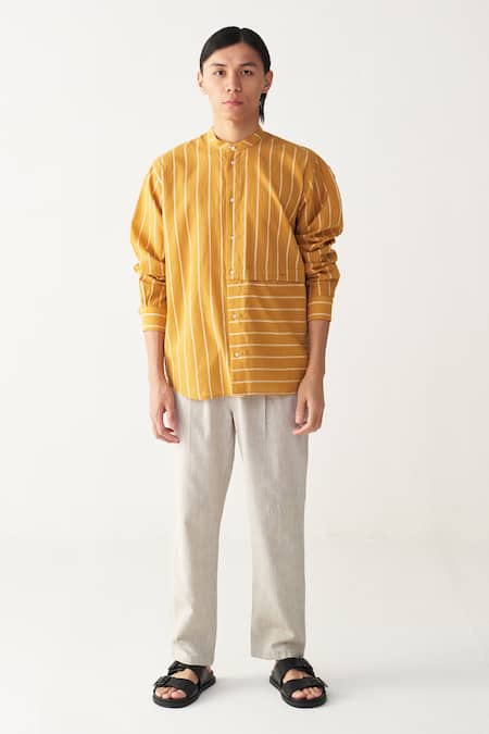 Three Mustard Yellow Stripe Shirt & Pant Set 