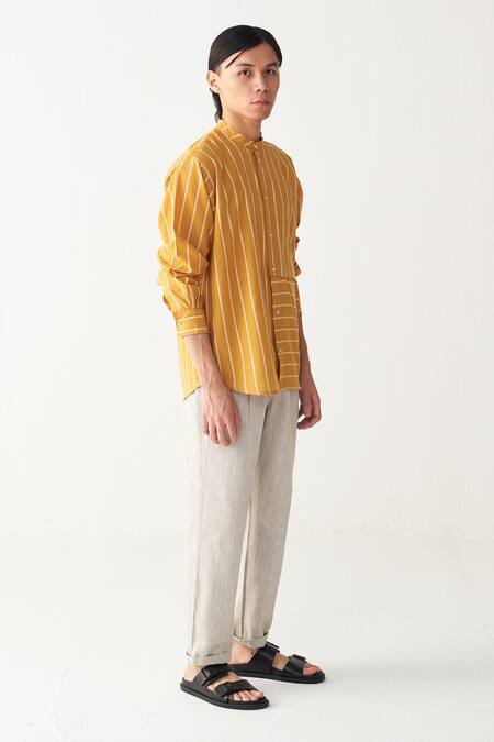 Three_Mustard Handloom Cotton Yellow Stripe Shirt And Pant Set_Online_at_Aza_Fashions