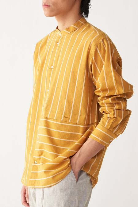 Buy_Three_Mustard Handloom Cotton Yellow Stripe Shirt And Pant Set_Online_at_Aza_Fashions