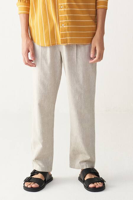 Shop_Three_Mustard Handloom Cotton Yellow Stripe Shirt And Pant Set_Online_at_Aza_Fashions