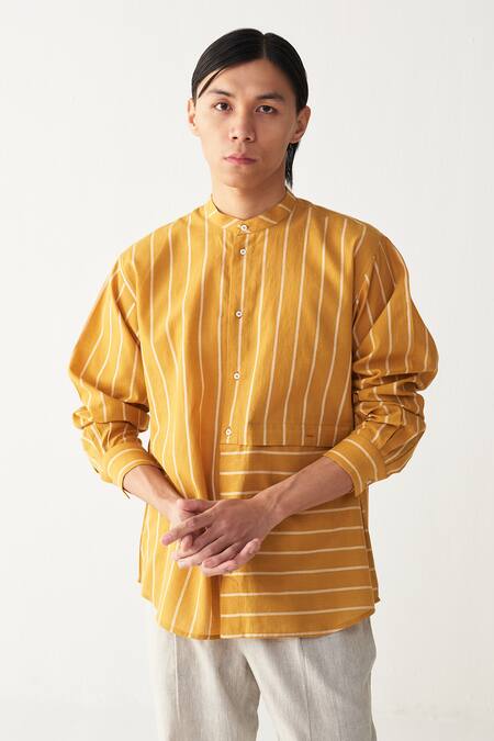 Three_Mustard Handloom Cotton Yellow Stripe Shirt And Pant Set_at_Aza_Fashions