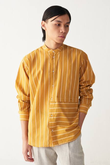 Buy_Three_Mustard Handloom Cotton Yellow Stripe Shirt And Pant Set