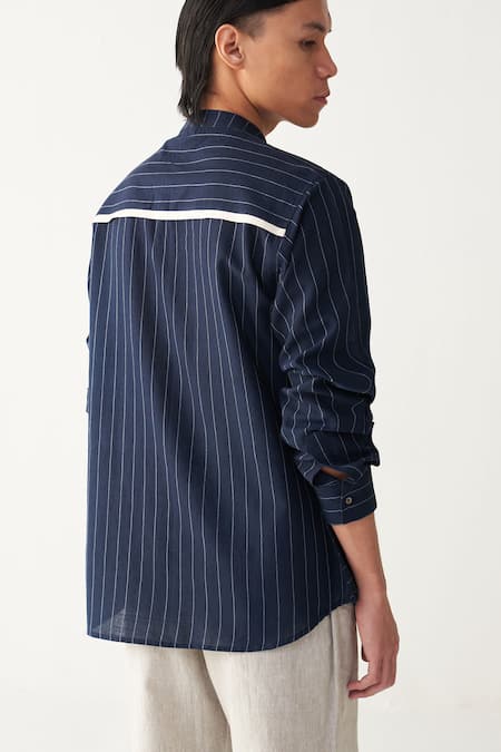 Three_Navy , Handloom Blue Front Pocket Shirt And Beige Pant _Online_at_Aza_Fashions