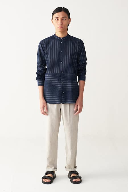Three Navy , Handloom Blue Front Pocket Shirt And Beige Pant 