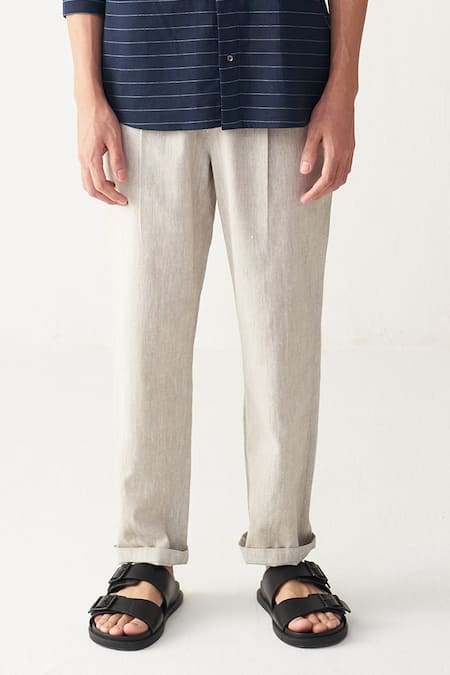 Buy_Three_Navy , Handloom Blue Front Pocket Shirt And Beige Pant _Online_at_Aza_Fashions