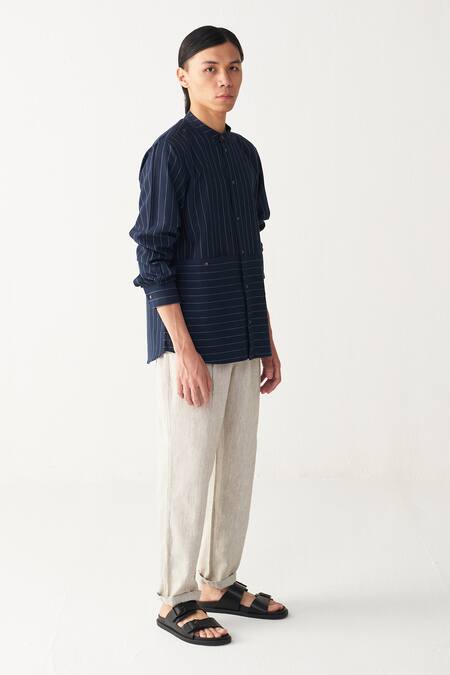 Shop_Three_Navy , Handloom Blue Front Pocket Shirt And Beige Pant _Online_at_Aza_Fashions
