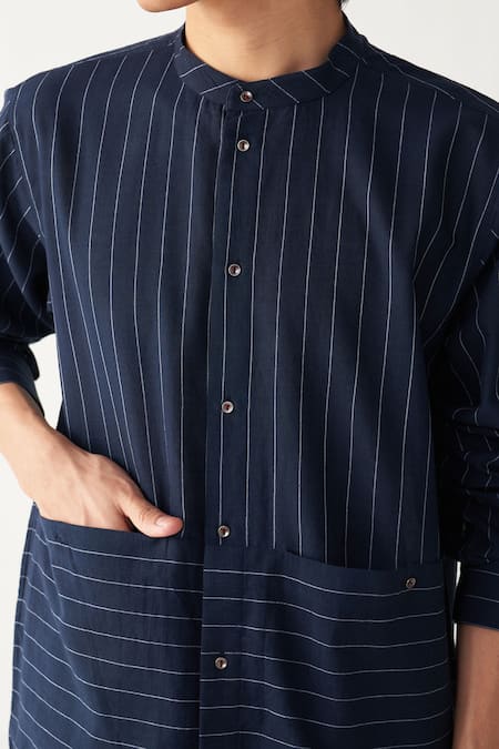 Three_Navy , Handloom Blue Front Pocket Shirt And Beige Pant _at_Aza_Fashions