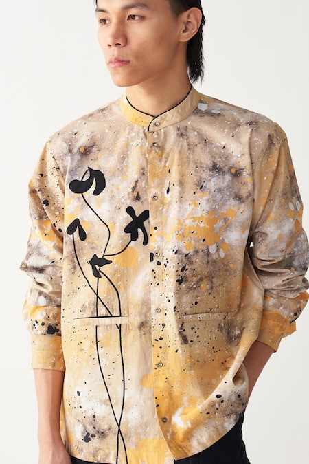 Shop_Three_Mustard Poplin Embroidery Painter Poppy Applique Shirt And Pant Set _Online_at_Aza_Fashions