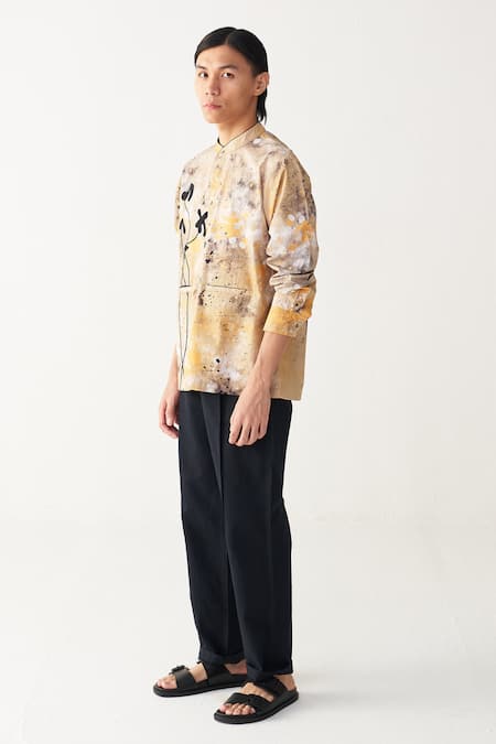 Three_Mustard Poplin Embroidery Painter Poppy Applique Shirt And Pant Set _at_Aza_Fashions