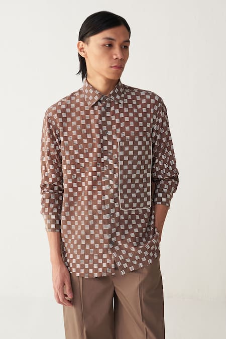 Three_Brown Silk, Crepe, Poplin Piping All Over Brick Print Shirt Co-ord _Online_at_Aza_Fashions