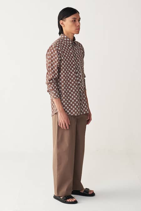 Buy_Three_Brown Silk, Crepe, Poplin Piping All Over Brick Print Shirt Co-ord _Online_at_Aza_Fashions