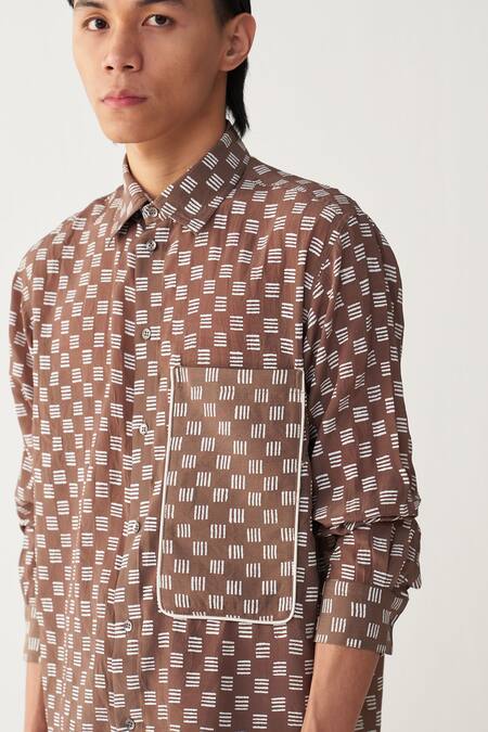 Shop_Three_Brown Silk, Crepe, Poplin Piping All Over Brick Print Shirt Co-ord _Online_at_Aza_Fashions