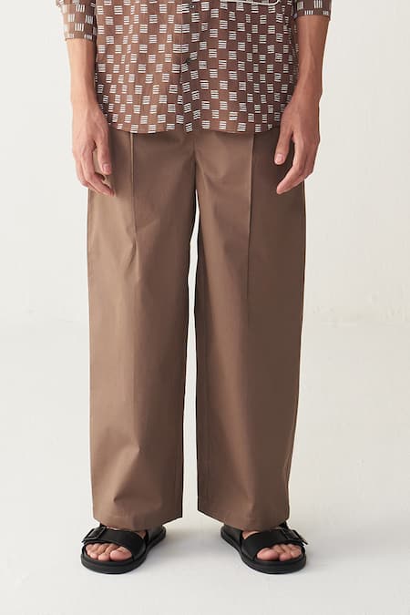 Three_Brown Silk, Crepe, Poplin Piping All Over Brick Print Shirt Co-ord _at_Aza_Fashions