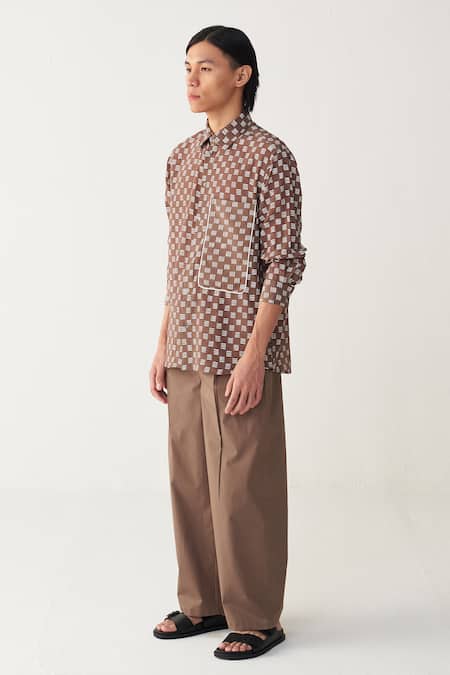 Buy_Three_Brown Silk, Crepe, Poplin Piping All Over Brick Print Shirt Co-ord 