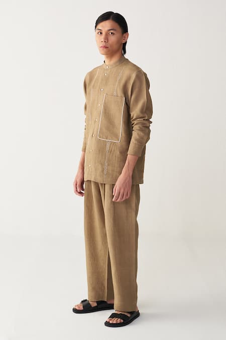 Three Beige Linen Embroidery, Piping Abstract Shirt And Pant Set 