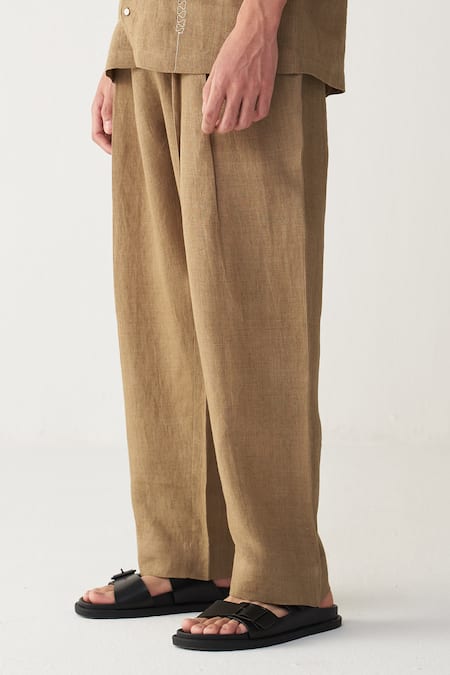 Three Beige Linen Embroidery, Piping Abstract Shirt And Pant Set Online at Aza Fashions Three_Beige Linen Embroidery, Piping Abstract Shirt And Pant Set _Online_at_Aza_Fashions