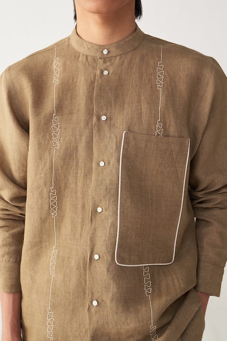 Buy Three Beige Linen Embroidery, Piping Abstract Shirt And Pant Set Online at Aza Fashions Buy_Three_Beige Linen Embroidery, Piping Abstract Shirt And Pant Set _Online_at_Aza_Fashions