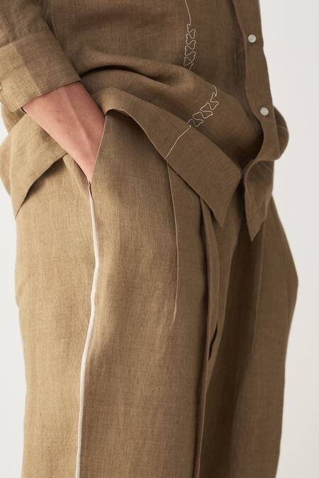 Shop Three Beige Linen Embroidery, Piping Abstract Shirt And Pant Set Online at Aza Fashions Shop_Three_Beige Linen Embroidery, Piping Abstract Shirt And Pant Set _Online_at_Aza_Fashions