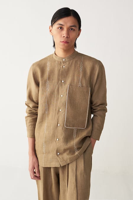 Three Beige Linen Embroidery, Piping Abstract Shirt And Pant Set at Aza Fashions Three_Beige Linen Embroidery, Piping Abstract Shirt And Pant Set _at_Aza_Fashions