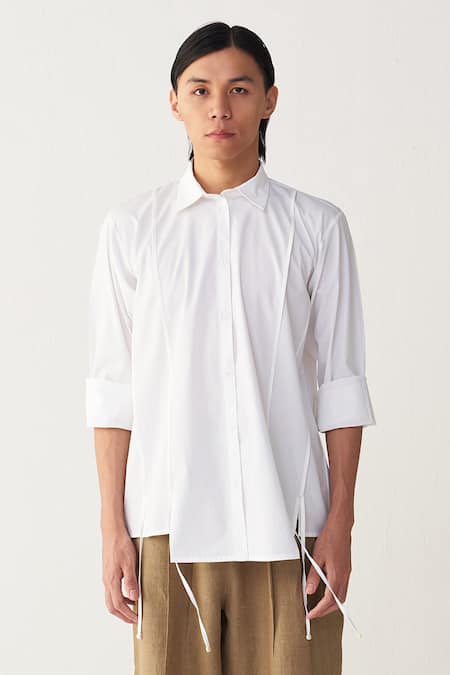 Three White Poplin, Linen Multi Panel Shirt And Three Pleat Pant Online at Aza Fashions Three_White Poplin, Linen Multi Panel Shirt And Three Pleat Pant _Online_at_Aza_Fashions