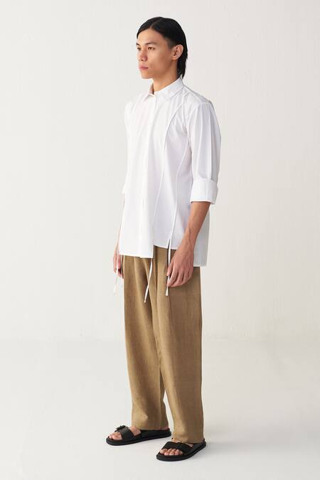 Shop Three White Poplin, Linen Multi Panel Shirt And Three Pleat Pant Online at Aza Fashions Shop_Three_White Poplin, Linen Multi Panel Shirt And Three Pleat Pant _Online_at_Aza_Fashions
