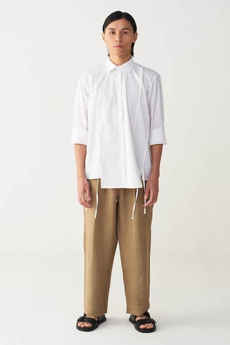 Three White Poplin, Linen Multi Panel Shirt And Three Pleat Pant at Aza Fashions Three_White Poplin, Linen Multi Panel Shirt And Three Pleat Pant _at_Aza_Fashions