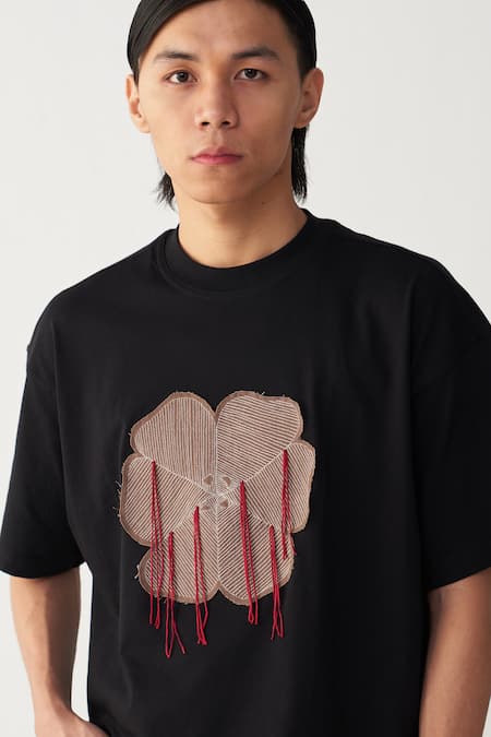 Three Black Cotton, Jersey Fringe Floral Patch T-shirt Online at Aza Fashions Three_Black Cotton, Jersey Fringe Floral Patch T-shirt _Online_at_Aza_Fashions