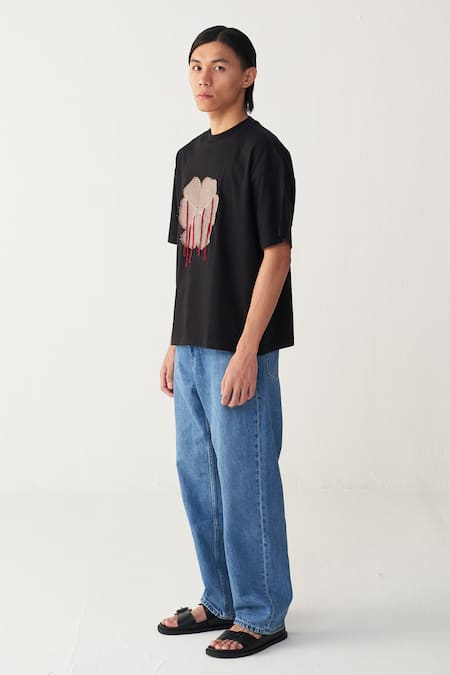 Buy Three Black Cotton, Jersey Fringe Floral Patch T-shirt Online at Aza Fashions Buy_Three_Black Cotton, Jersey Fringe Floral Patch T-shirt _Online_at_Aza_Fashions