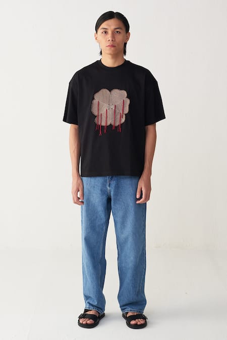 Shop Three Black Cotton, Jersey Fringe Floral Patch T-shirt Online at Aza Fashions Shop_Three_Black Cotton, Jersey Fringe Floral Patch T-shirt _Online_at_Aza_Fashions