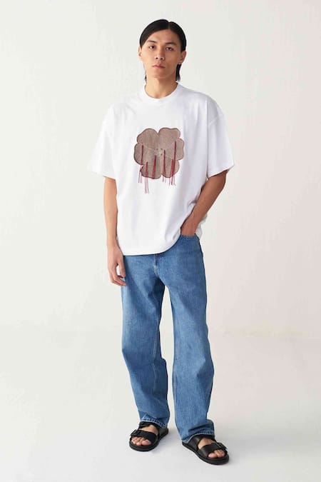 Three Floral Patch Fringe T-Shirt 