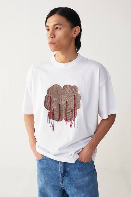 Buy_Three_White Cotton, Jersey Floral Patch Fringe T-shirt _Online_at_Aza_Fashions
