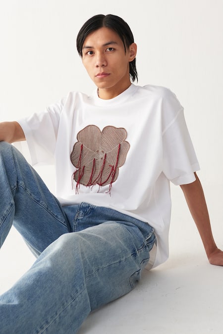 Shop_Three_White Cotton, Jersey Floral Patch Fringe T-shirt _Online_at_Aza_Fashions