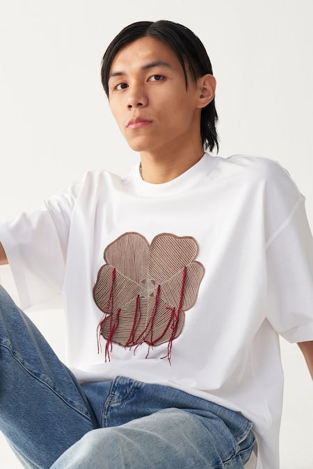 Three_White Cotton, Jersey Floral Patch Fringe T-shirt _at_Aza_Fashions