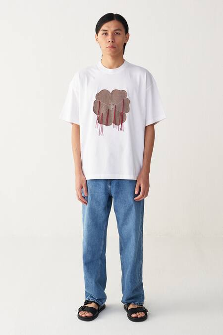 Buy_Three_White Cotton, Jersey Floral Patch Fringe T-shirt 