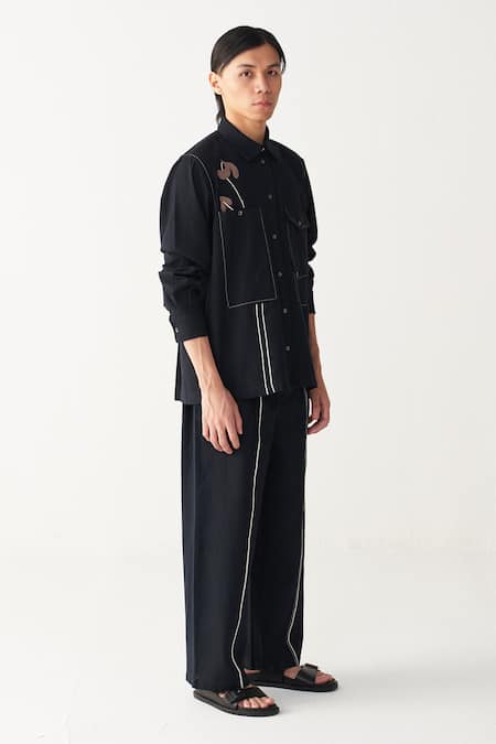 Three_Black Handloom Cotton Embroidery Detail Pant _Online_at_Aza_Fashions