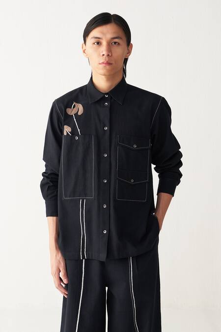 Shop_Three_Black Handloom Cotton Embroidery Detail Pant _Online_at_Aza_Fashions