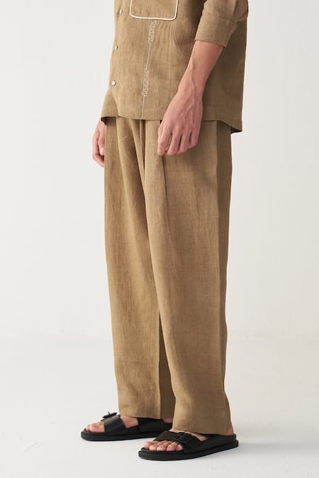 Buy Three Beige Linen Sage Three Pleat Pant Online at Aza Fashions Buy_Three_Beige Linen Sage Three Pleat Pant _Online_at_Aza_Fashions