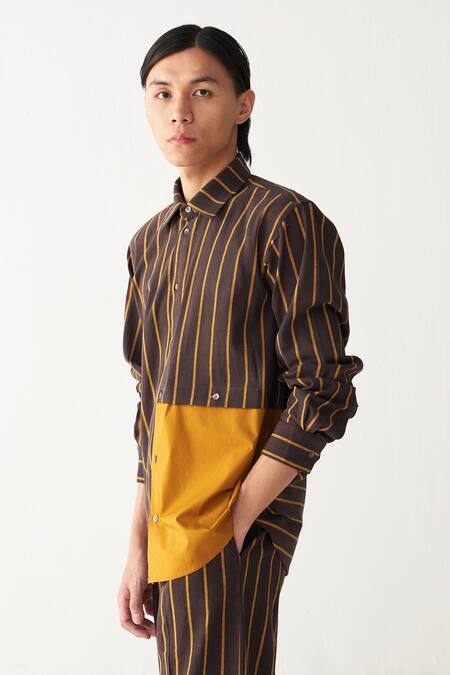 Shop_Three_Charcoal Handloom Cotton Brown Front Pleated Pant_Online_at_Aza_Fashions